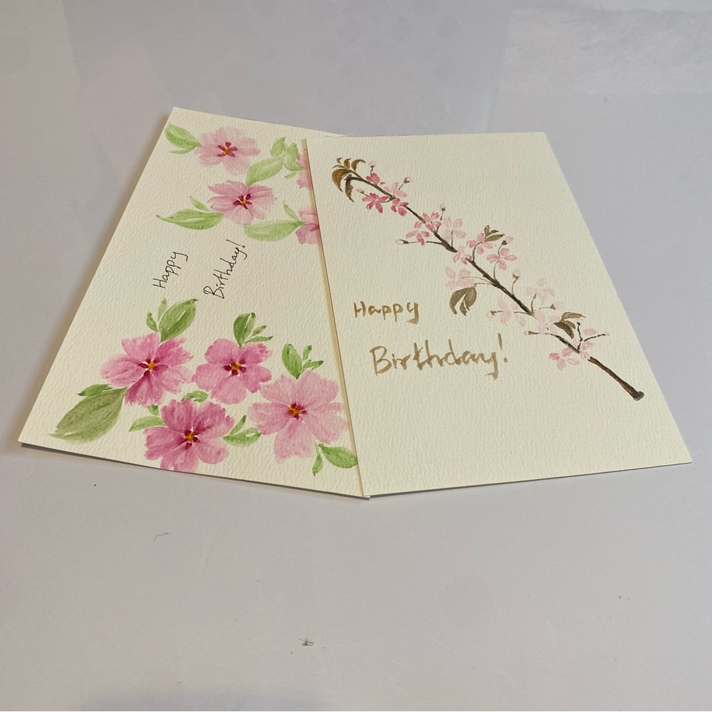 Hand-Painted Pink Floral Birthday Card Duo